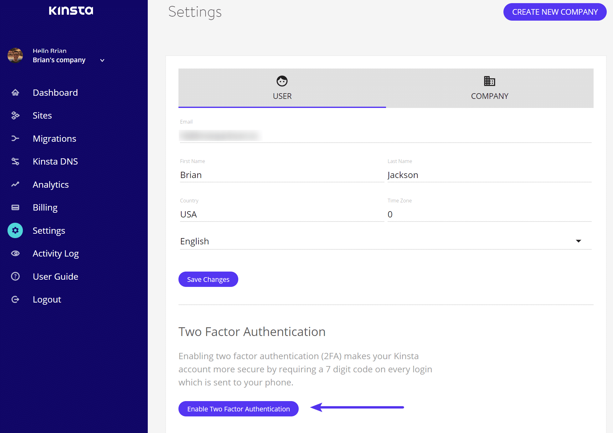 Activer l'authentification à deux facteurs dans MyKinsta