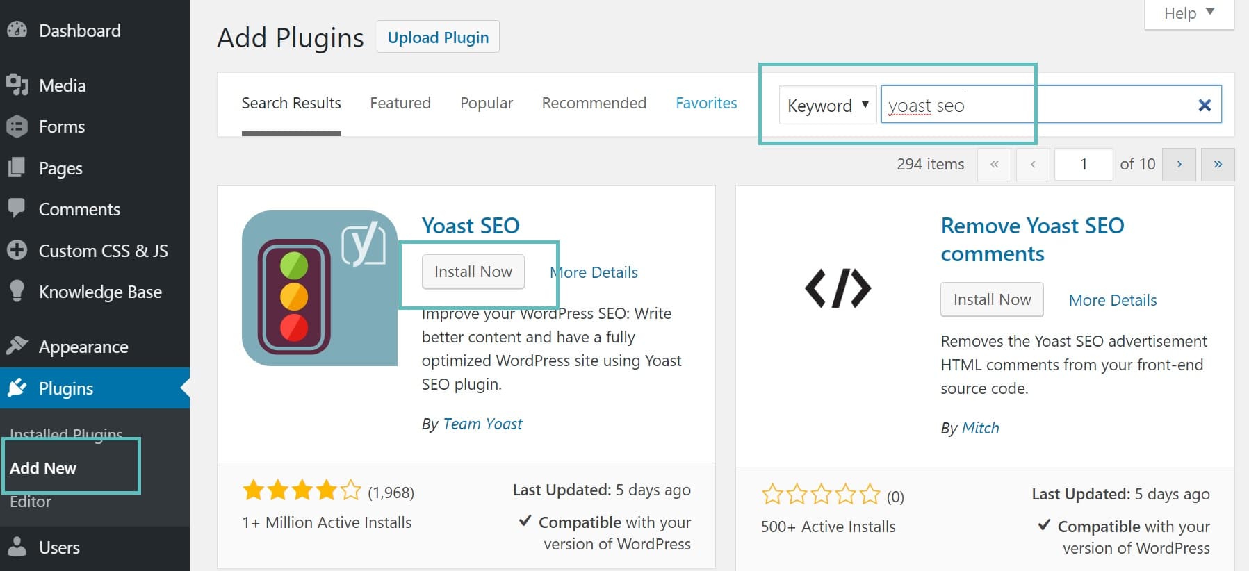 Ajout d'un plugin dans le tableau de bord WordPress