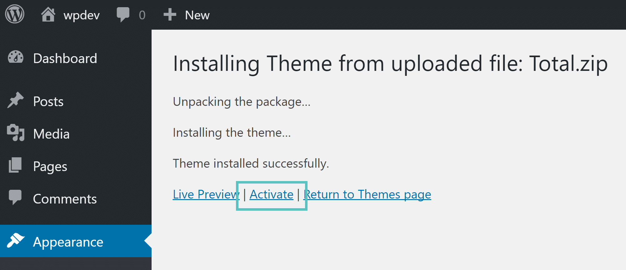 activate total wordpress theme