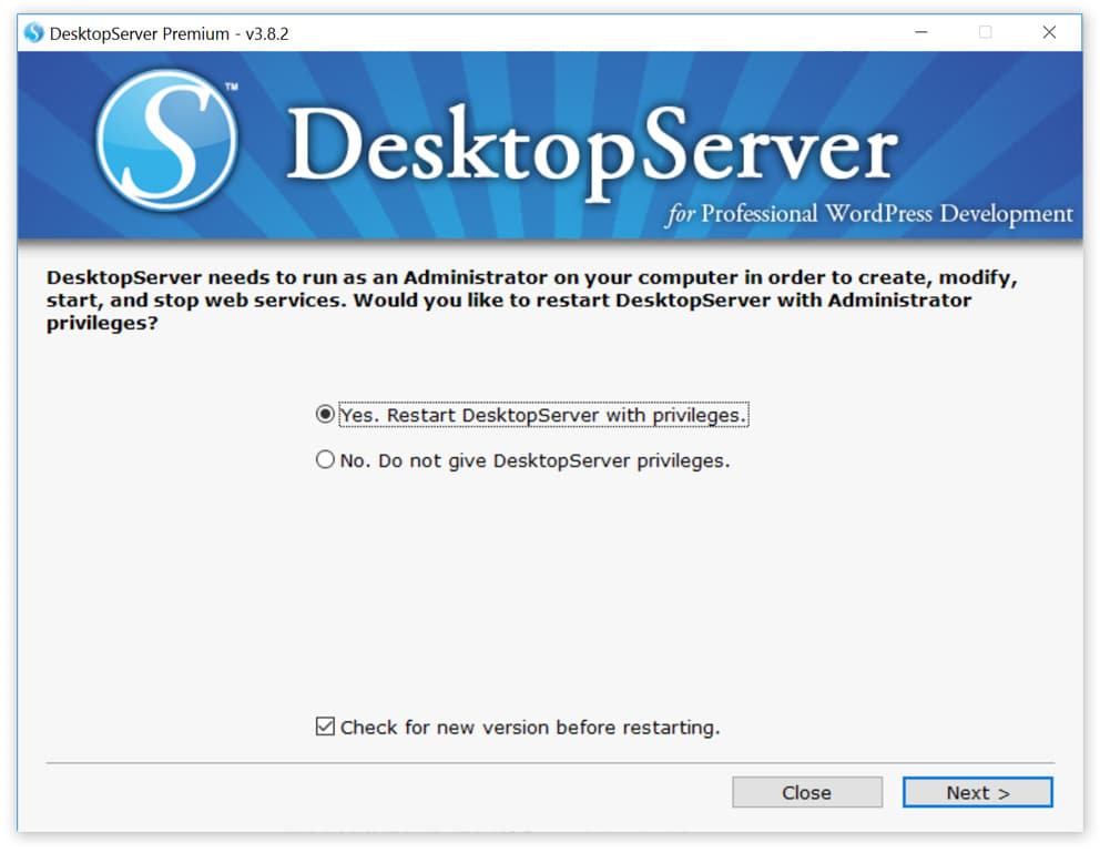 Run DesktopServer as an administrator Exécuter DesktopServer en tant qu'administrateur