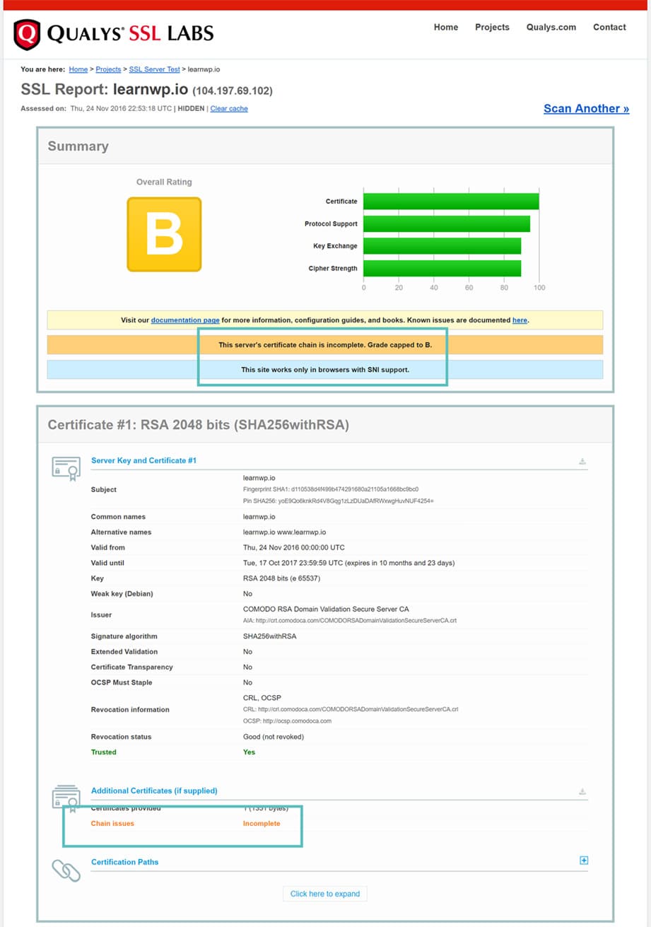 Chaîne SSL incomplète