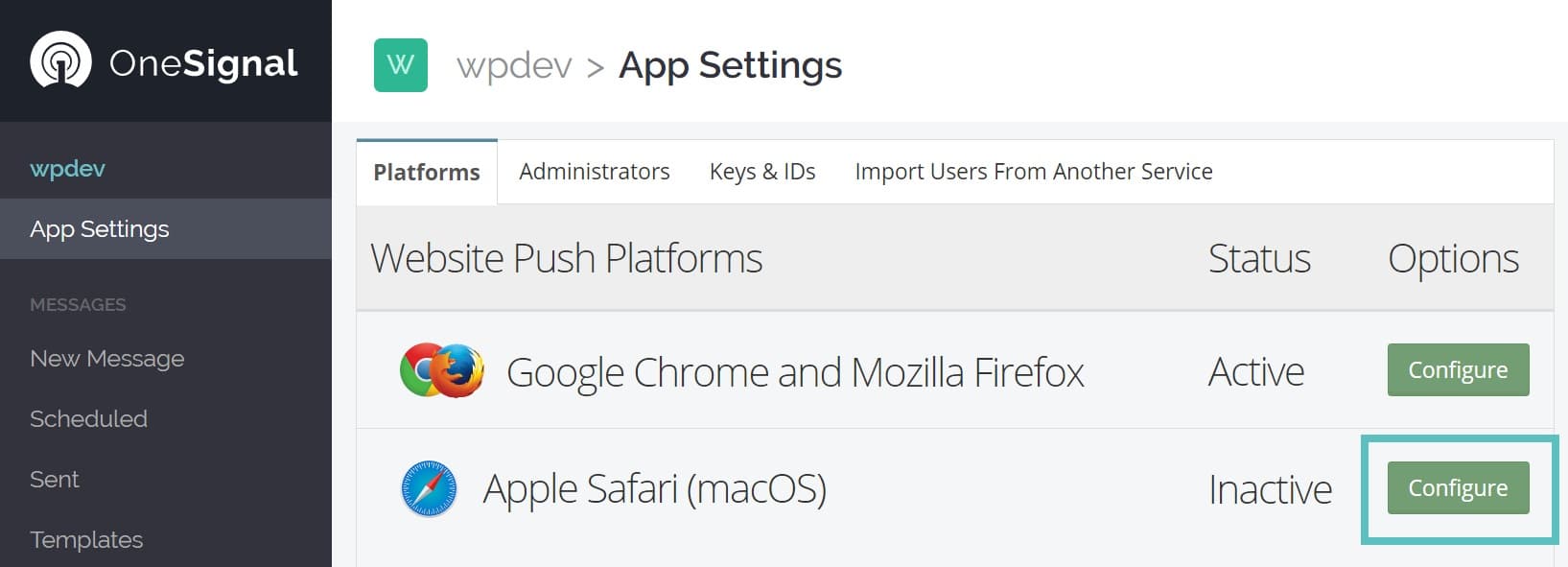 Configuration de la notification push sur Safari d'Apple