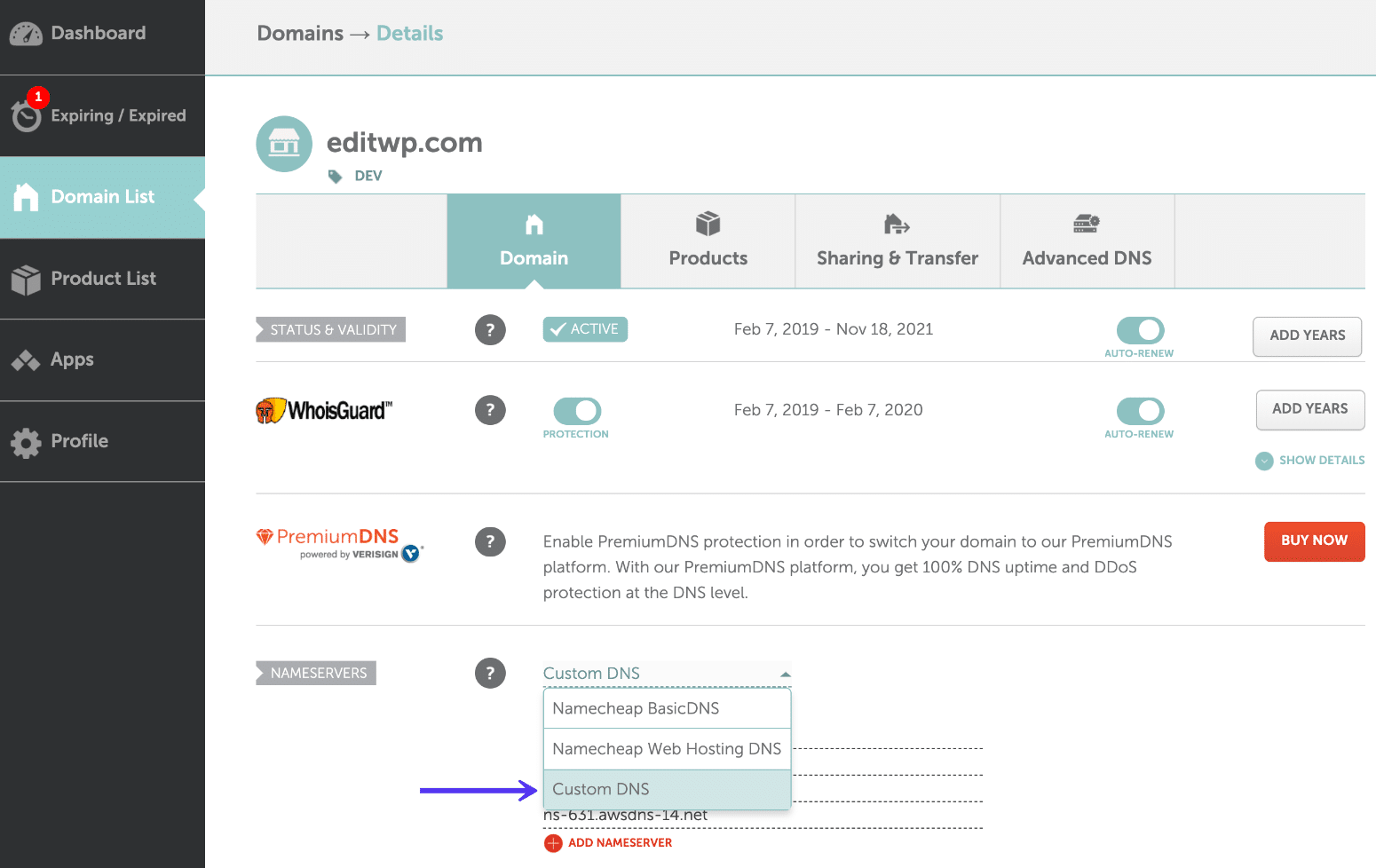 DNS personnalisé Namecheap