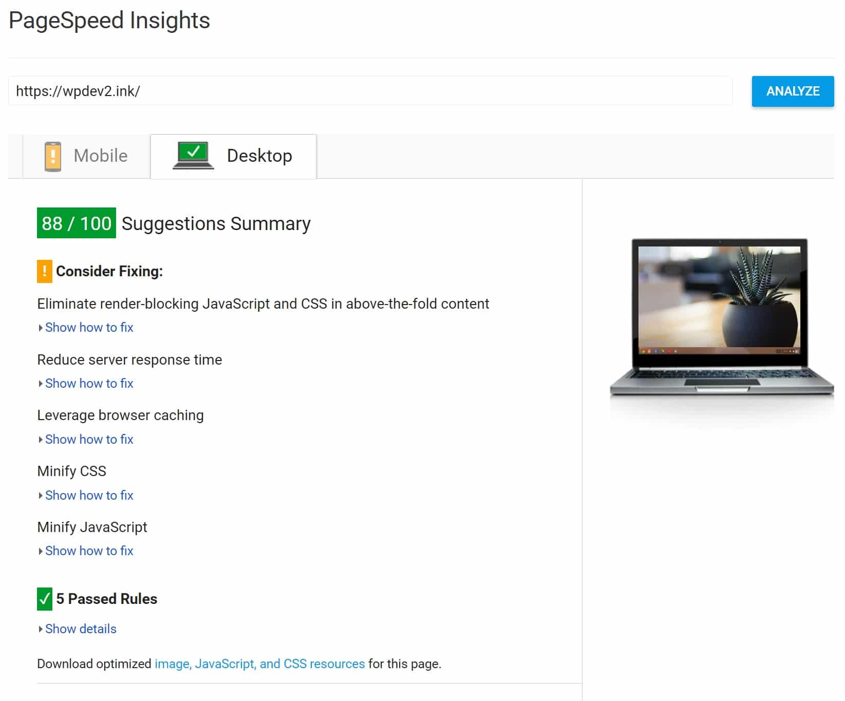 site analytics data and google pagespeed insight tool