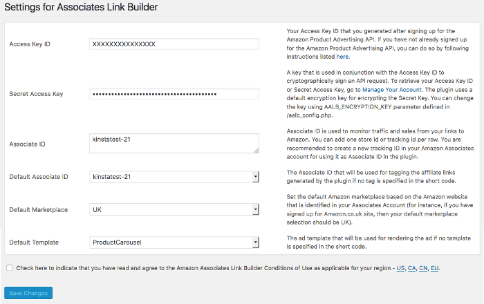 La page Réglages d'Amazon Associates Link Builder