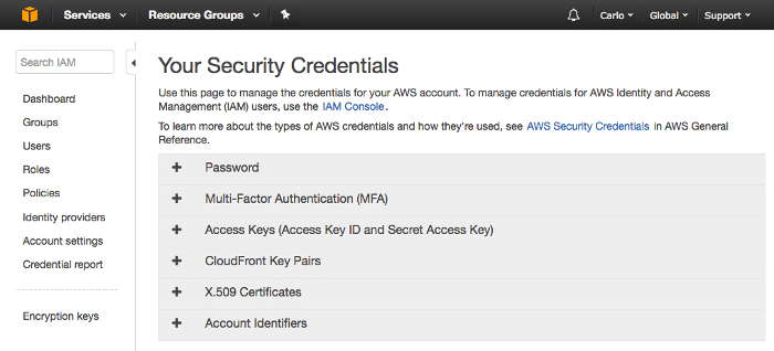 Votre console d’informations d'identification de sécurité