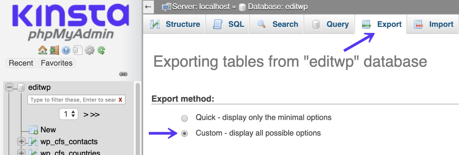 Export personnalisé dans PhpMyAdmin