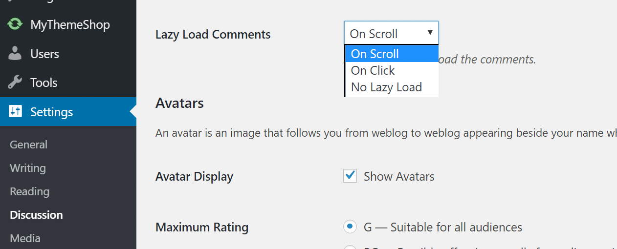 Options de Lazy Load Comments