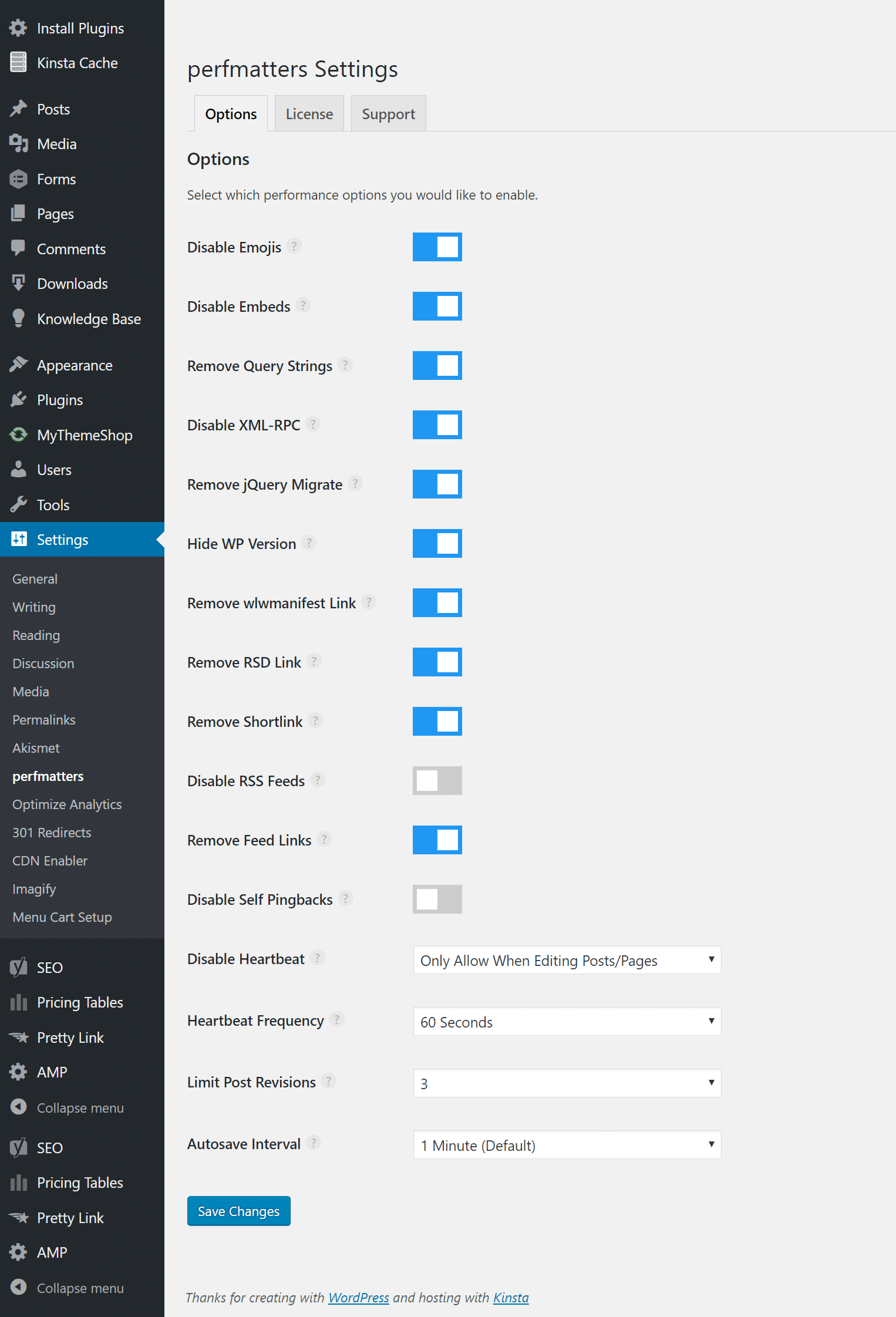 Réglages de perfmatters