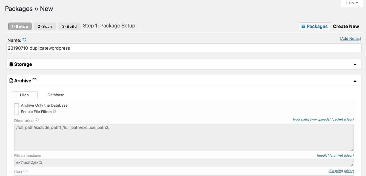 Page de configuration du plugin du duplicator