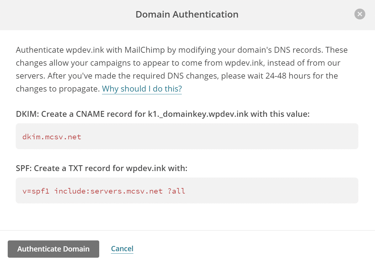 Enregistrements d'authentification du domaine MailChimp