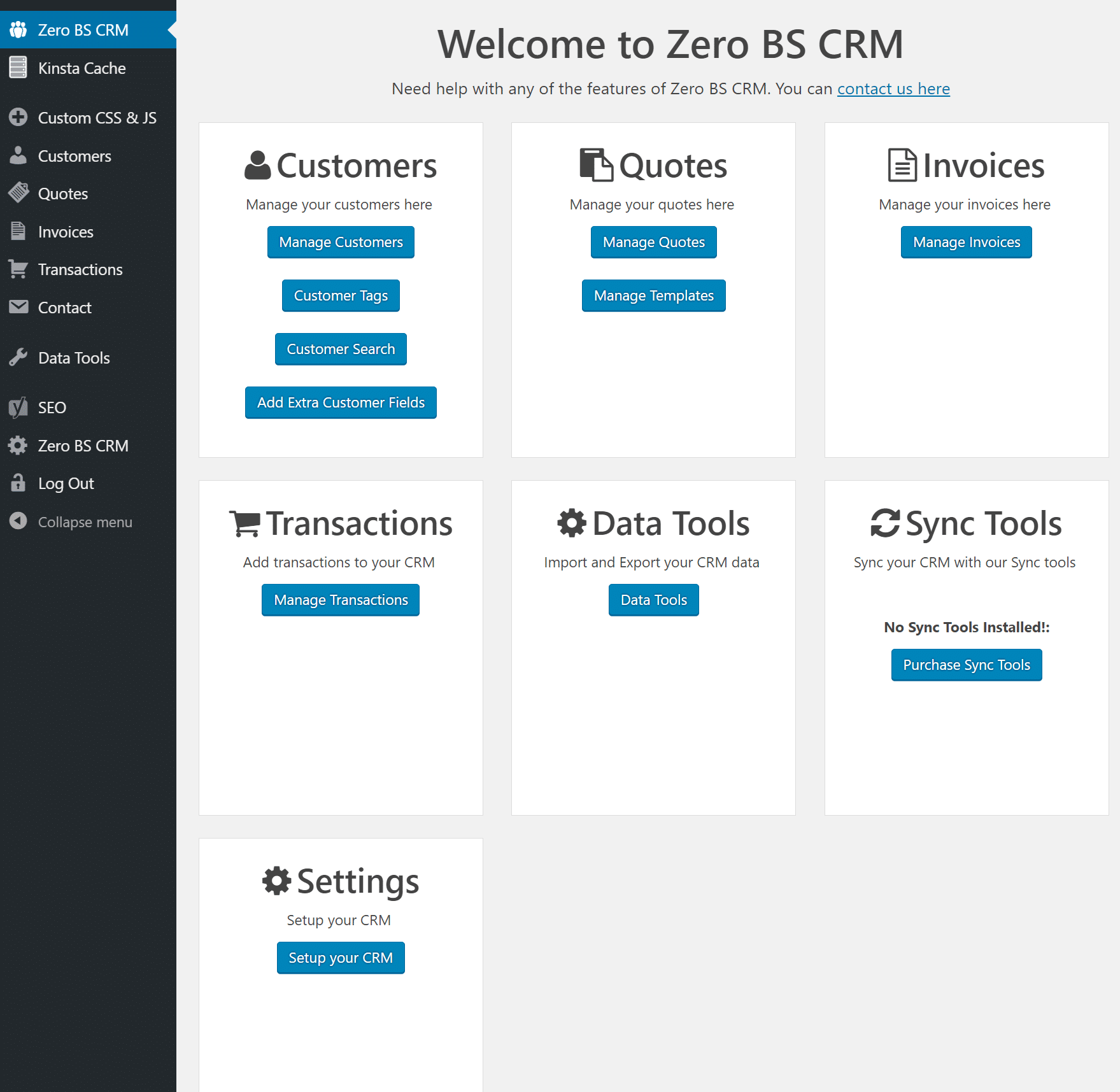 Vue d'ensemble du tableau de bord de Zero BS CRM