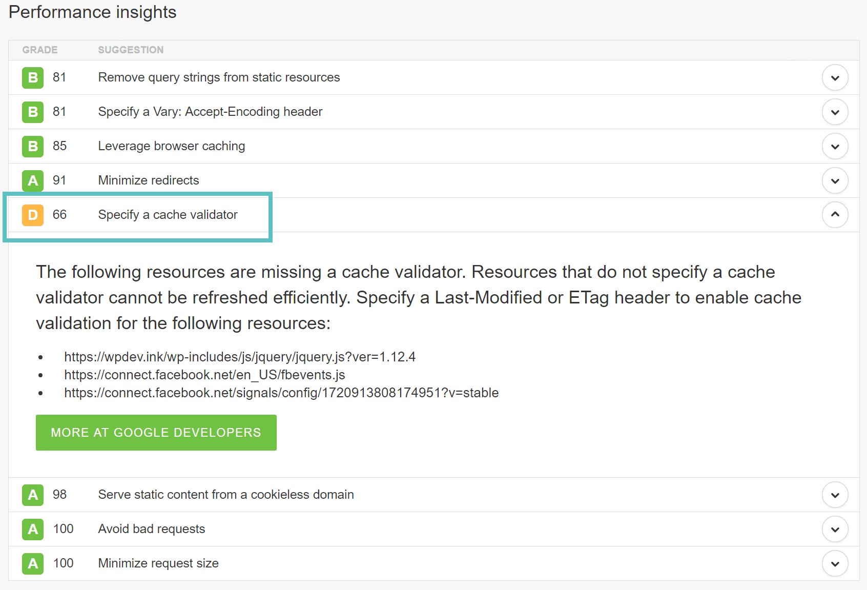 Specify a cache validator warning Avertissement Specify a cache validator
