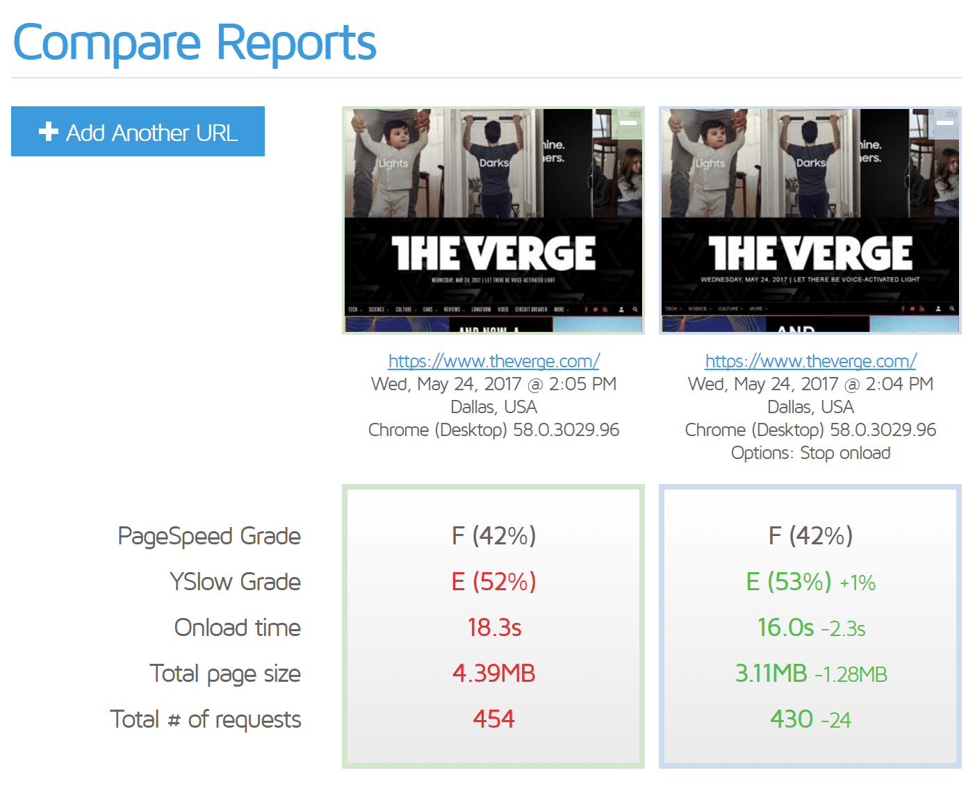 Comparer les rapports dans GTmetrix