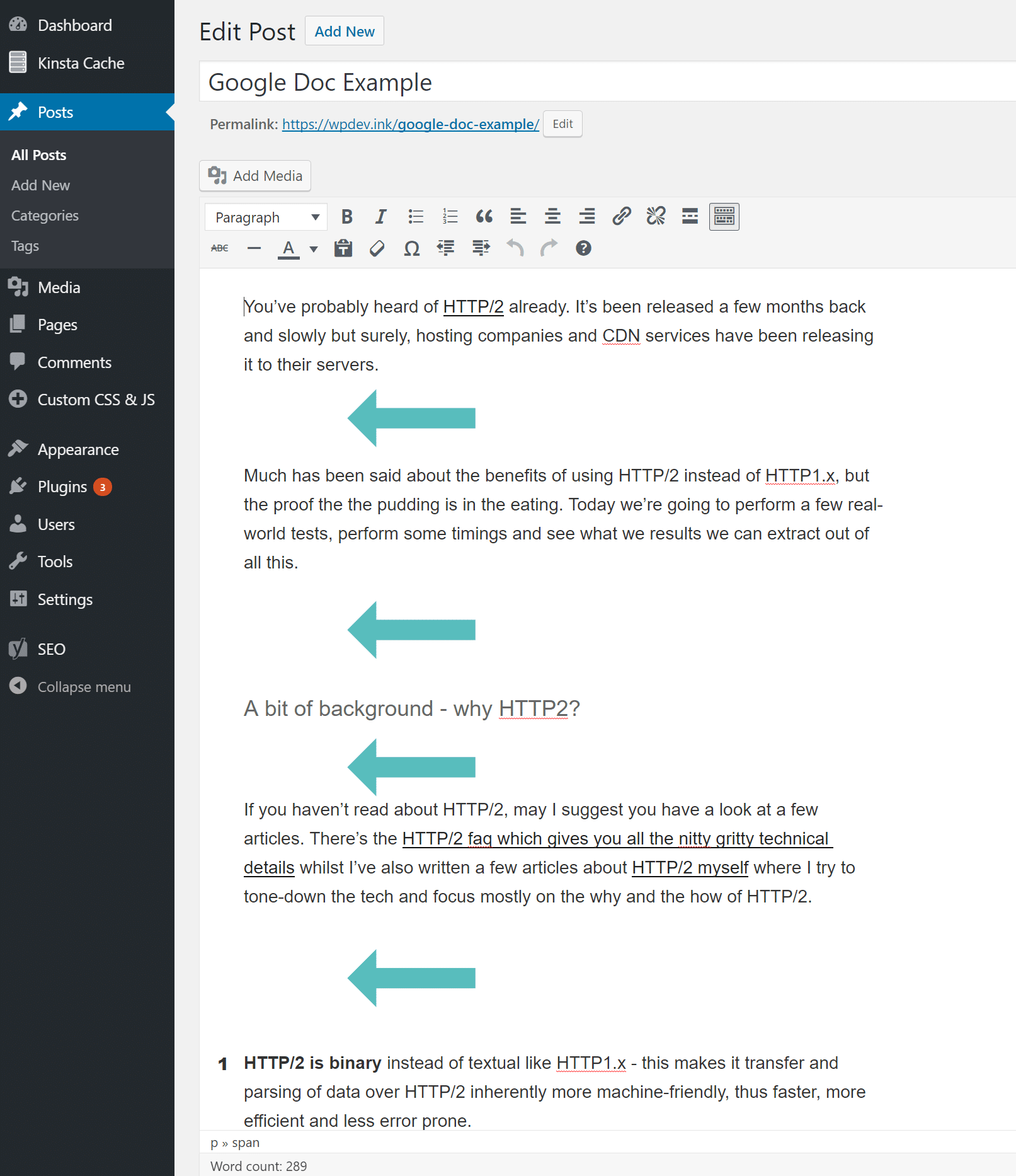 Problème d'espacement entre Google Docs et WordPress