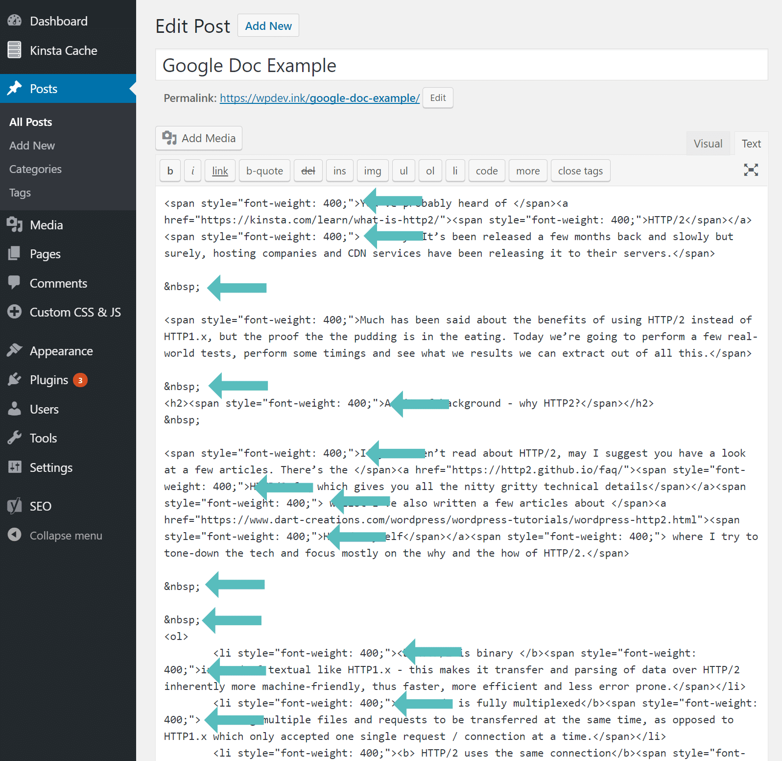 Problème de style de span Google Docs vers WordPress
