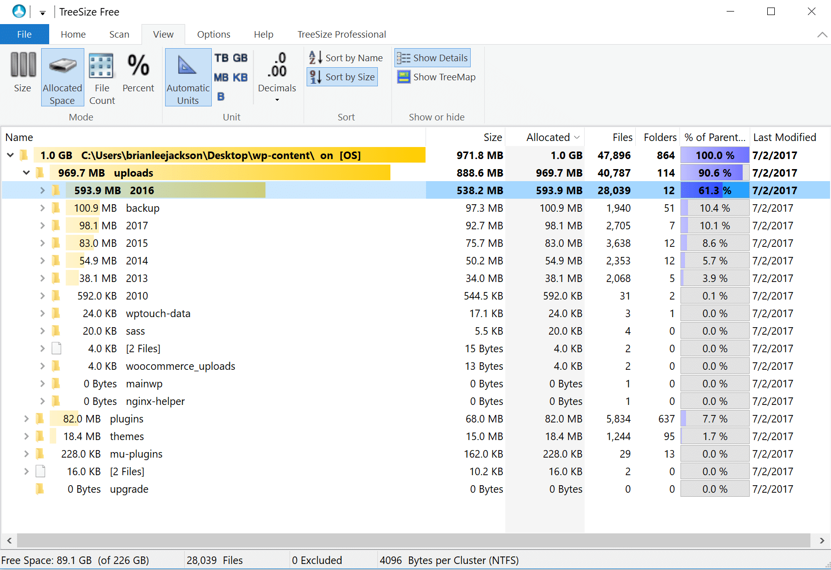 Dossier wp-content dans TreeSize