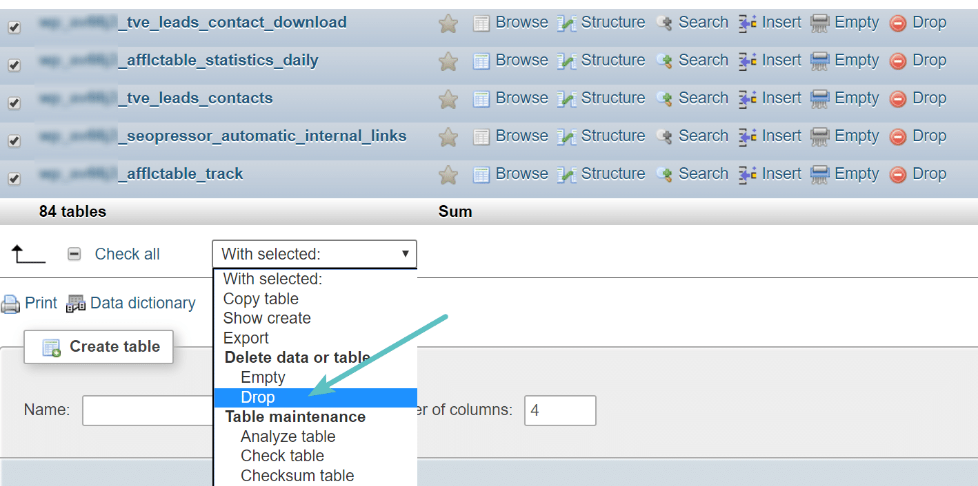 Supprimer les tables dans phpMyAdmin
