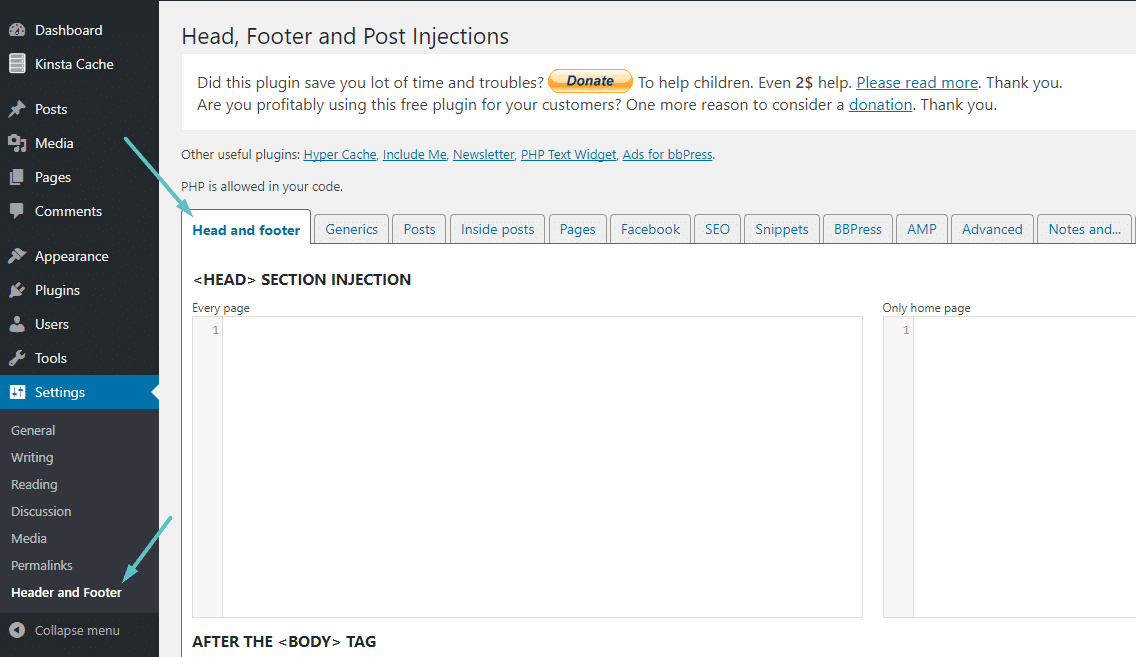 Interface de Head, Footer and Post Injections