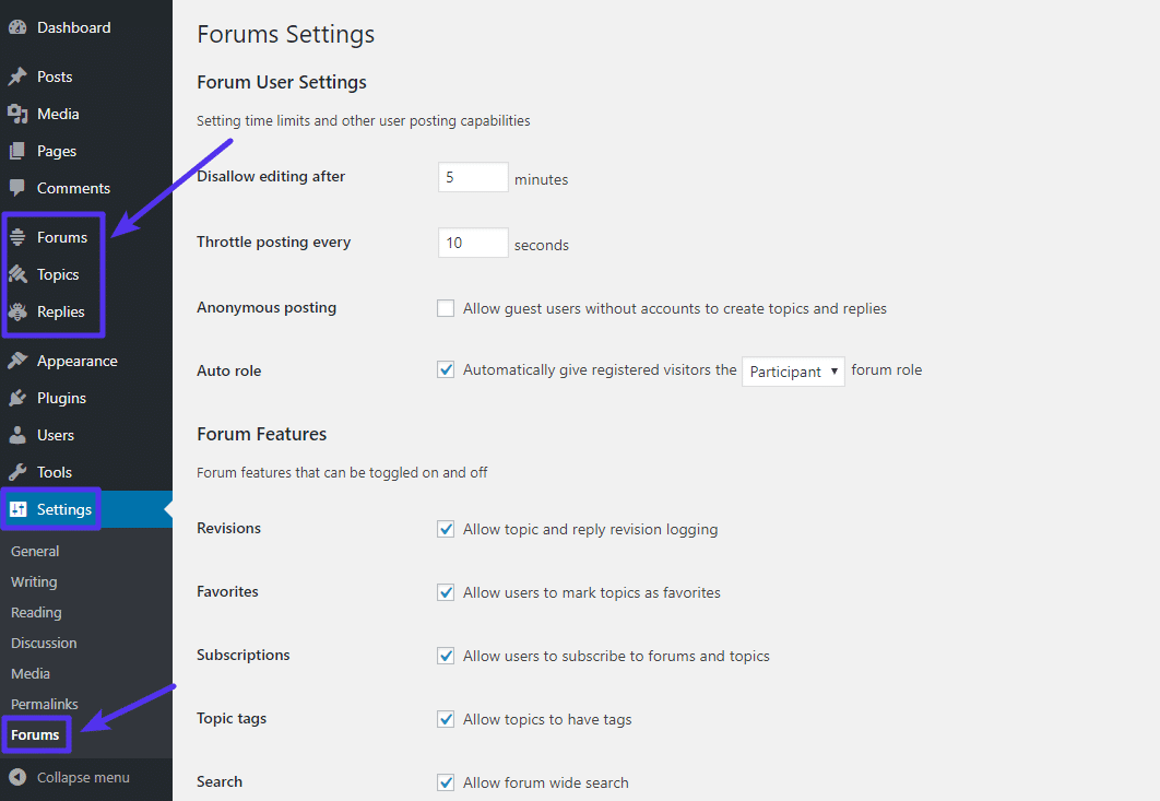 L'interface principale de paramétrage de bbPress