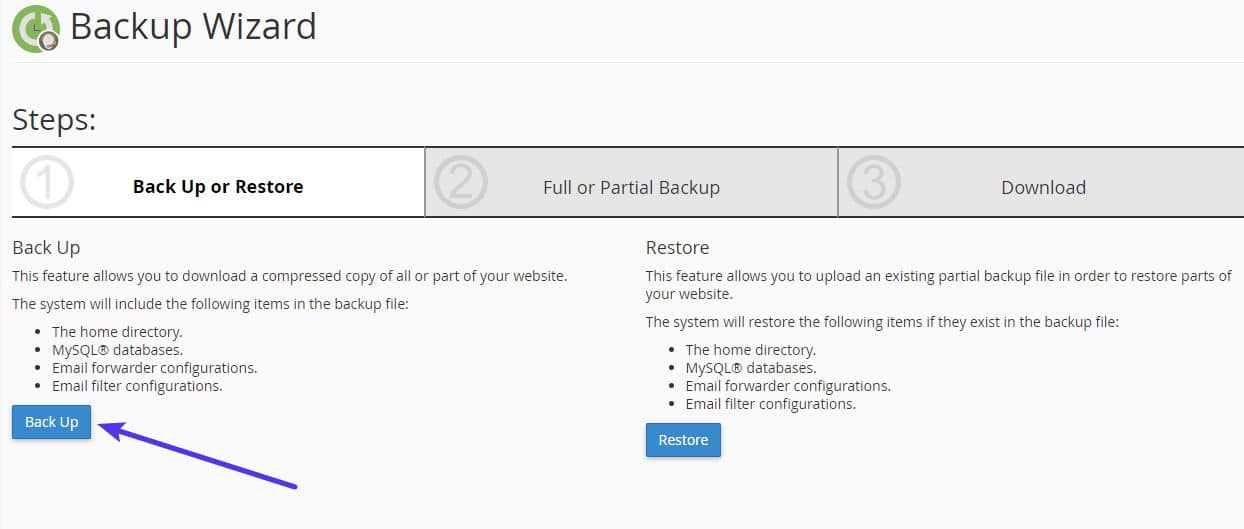 L'interface de l'assistant de sauvegarde cPanel