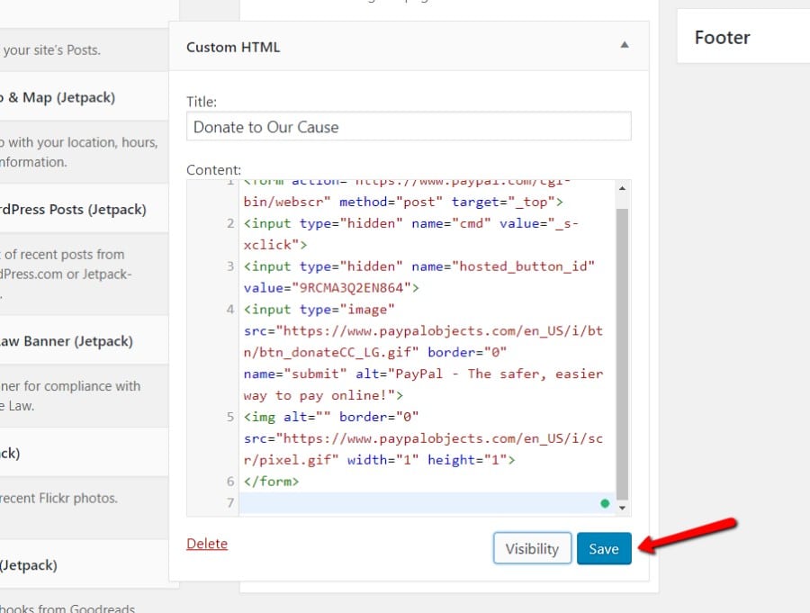 Coller le code d'intégration PayPal dans le widget