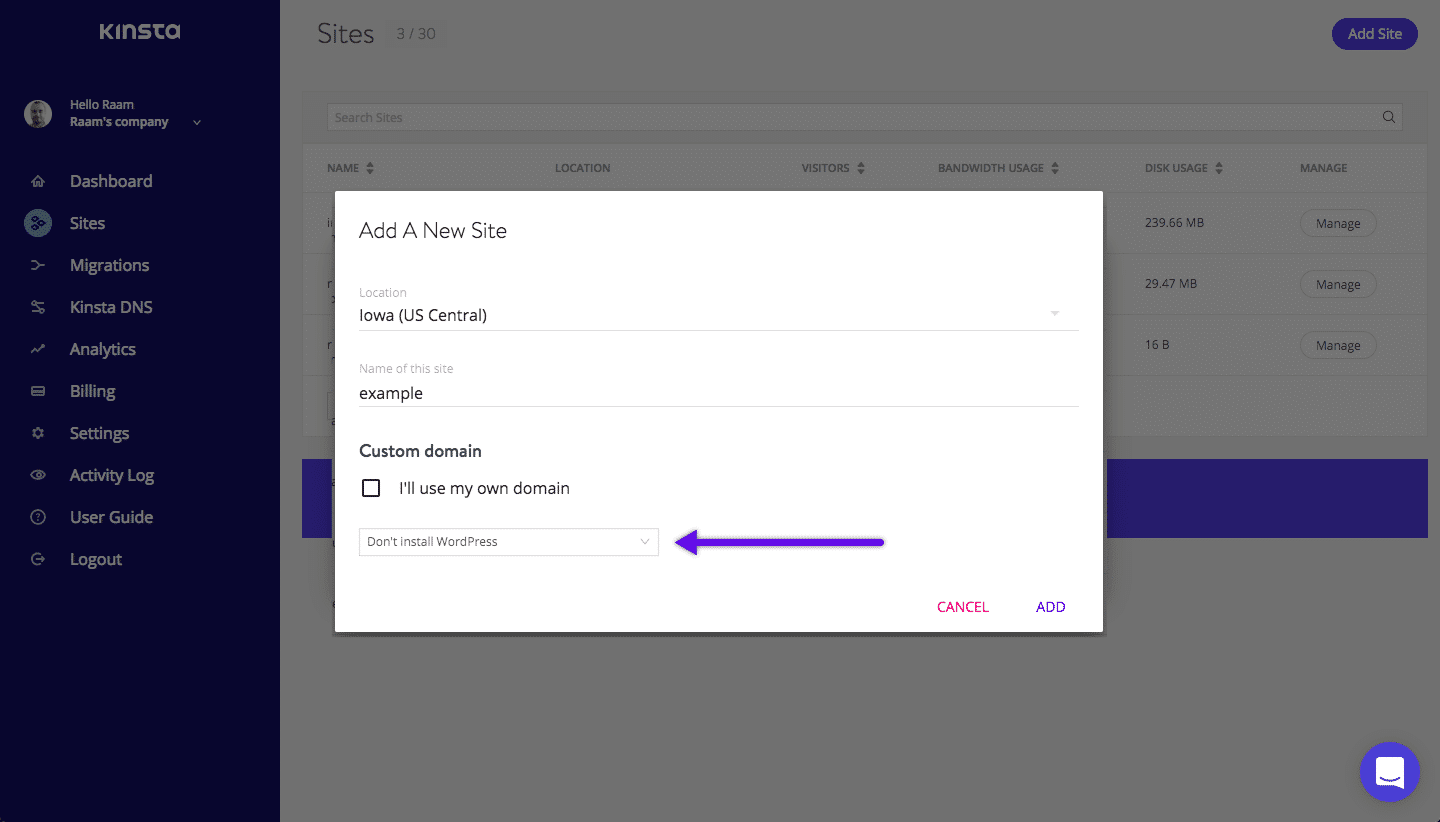 Créer un site chez Kinsta