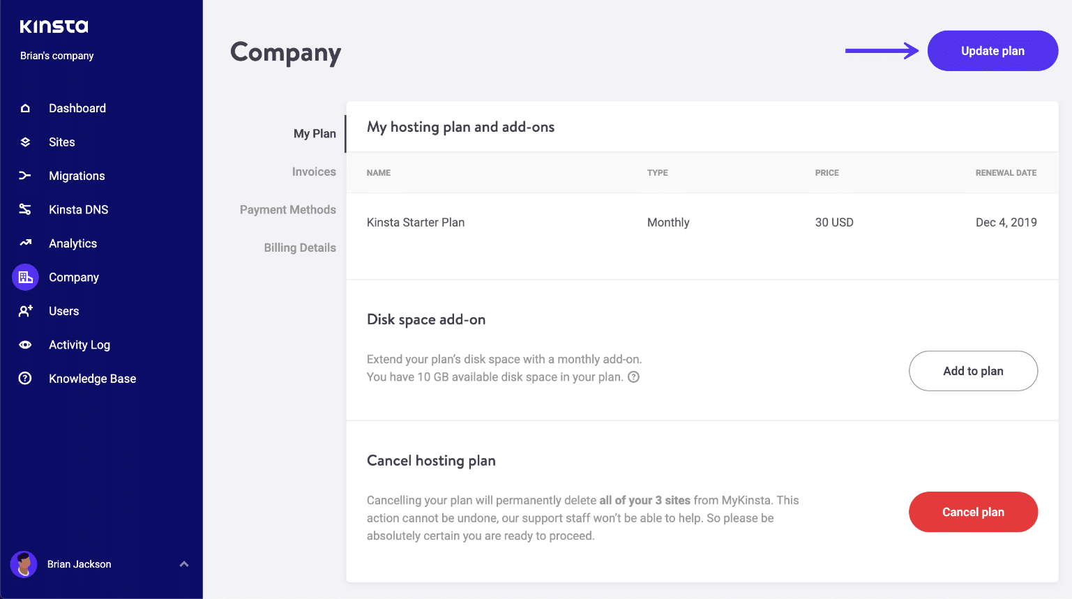 Mise à jour du plan d'hébergement de Kinsta