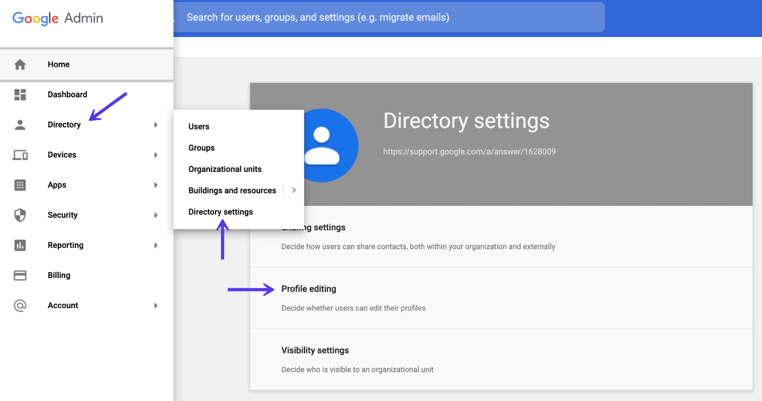 Droits de modification du profil du répertoire Google Workspace