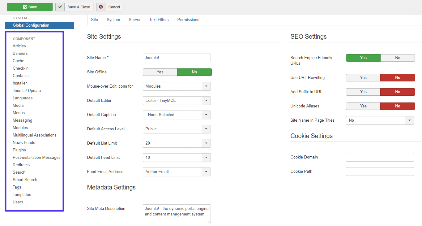 Un exemple du nombre d'options dont dispose le tableau de bord Joomla