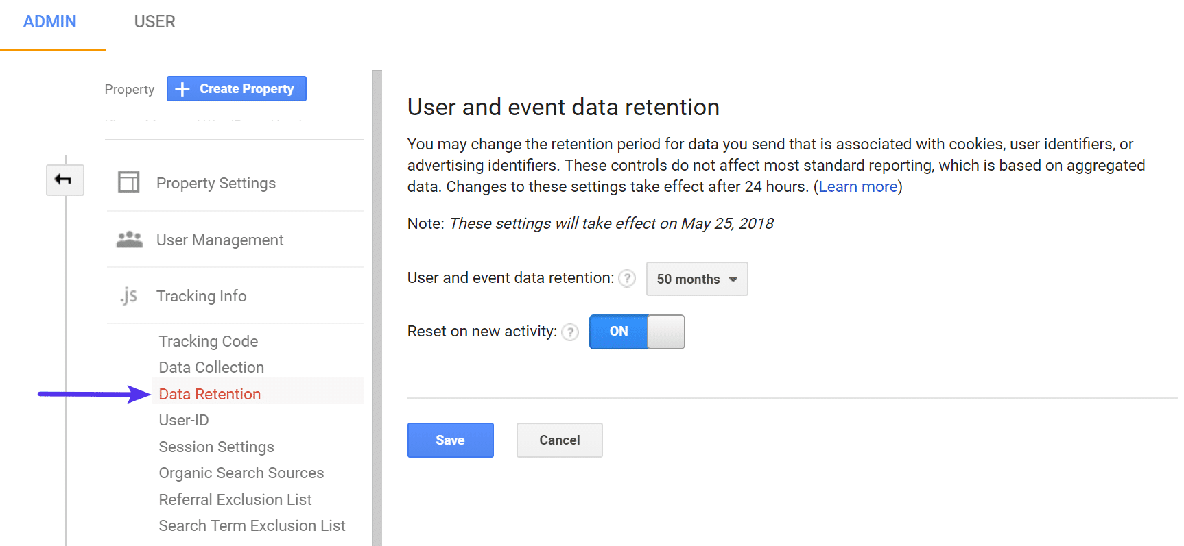 Google Analytics data retention