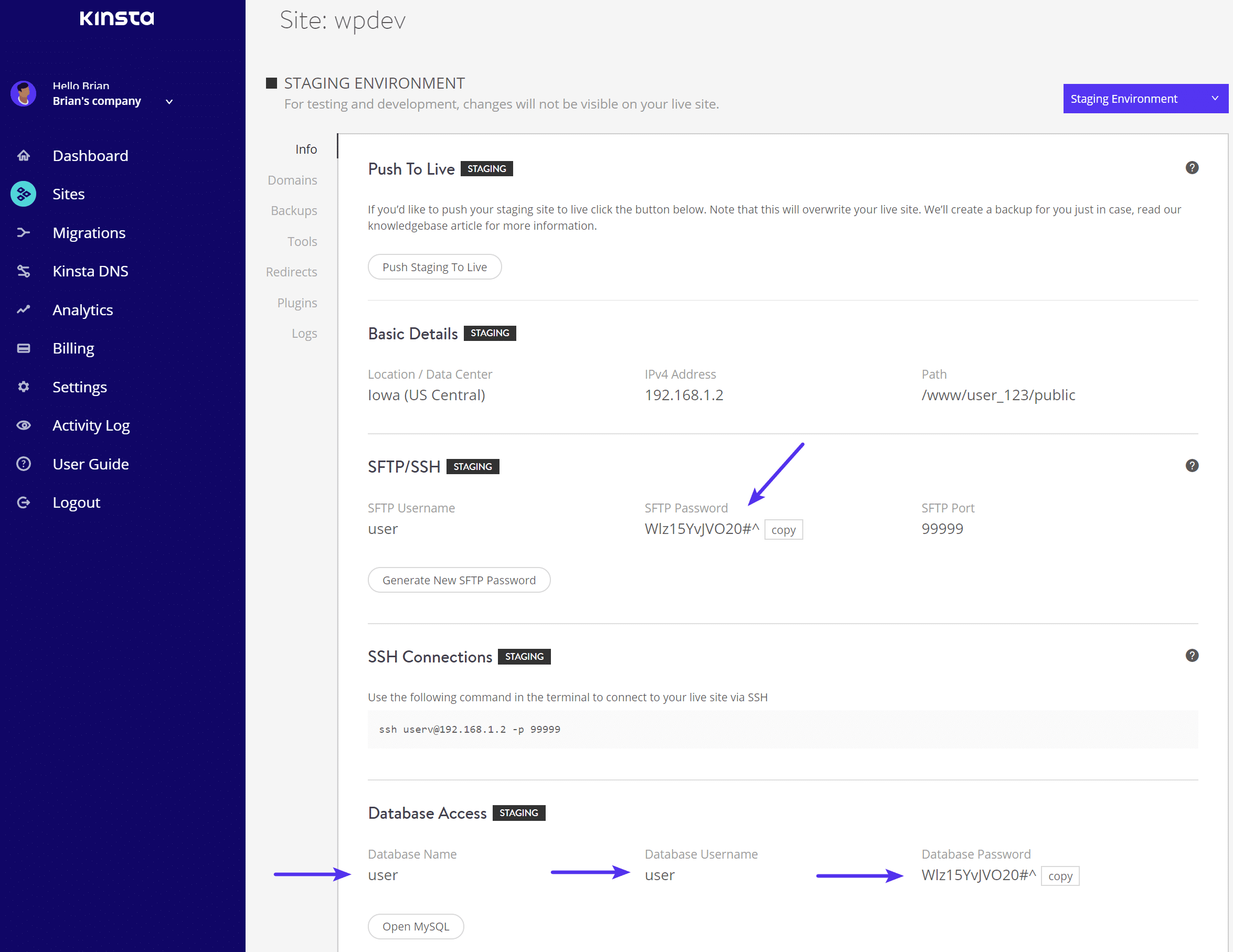 Identifiants MyKinsta