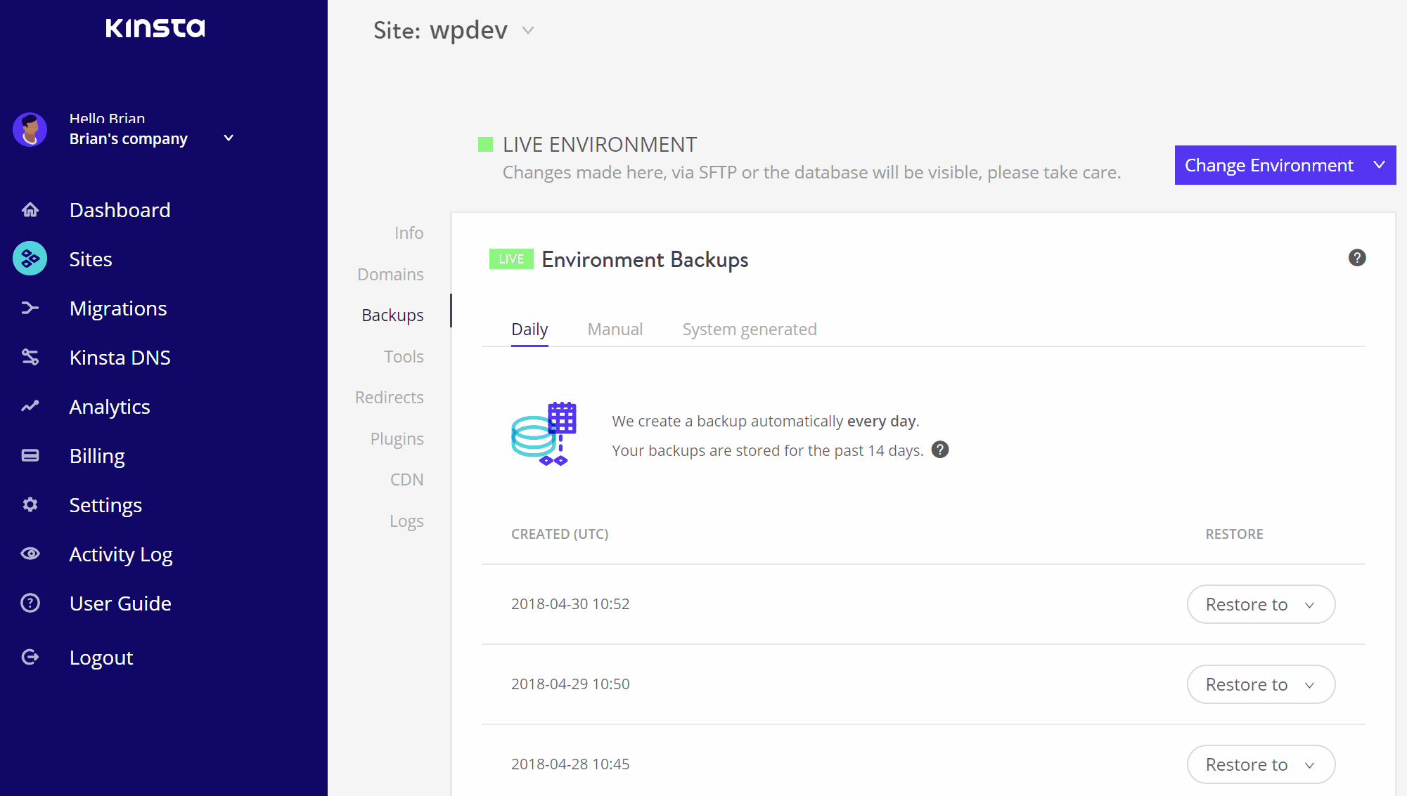 Nouvelle interface de sauvegarde MyKinsta