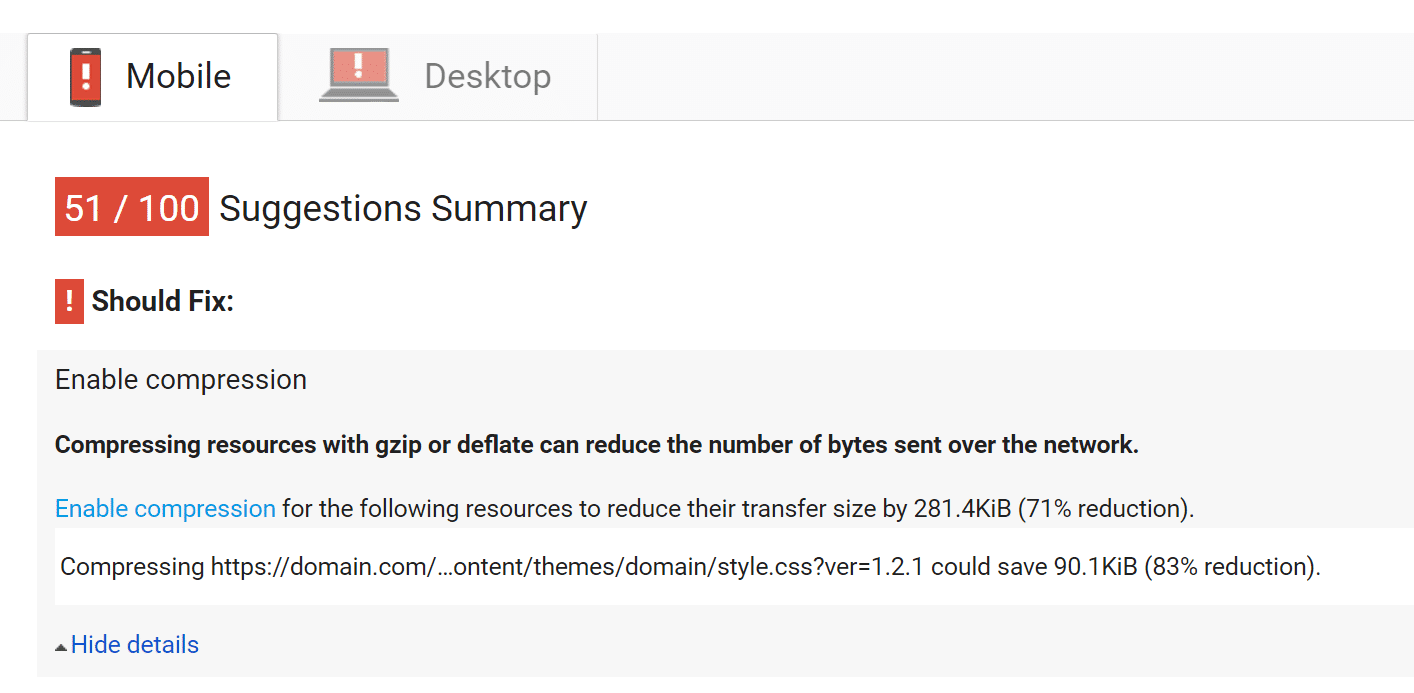 Avertissement PageSpeed Insight activer GZIP