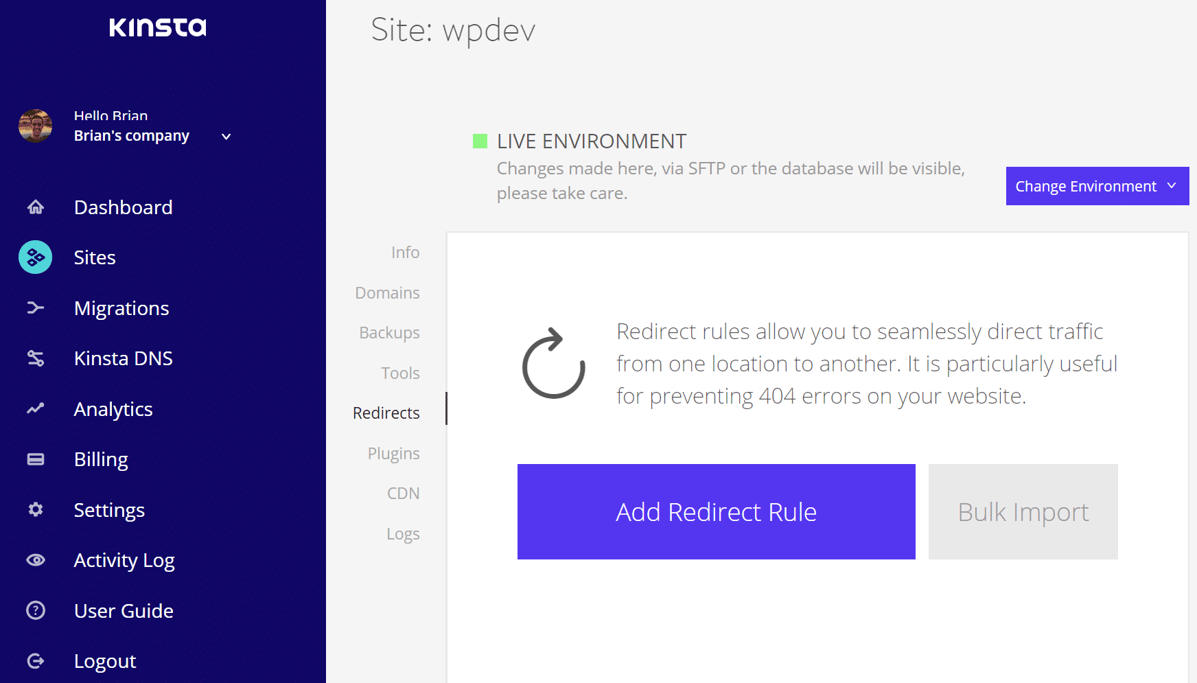 Ajouter une règle de redirection dans MyKinsta