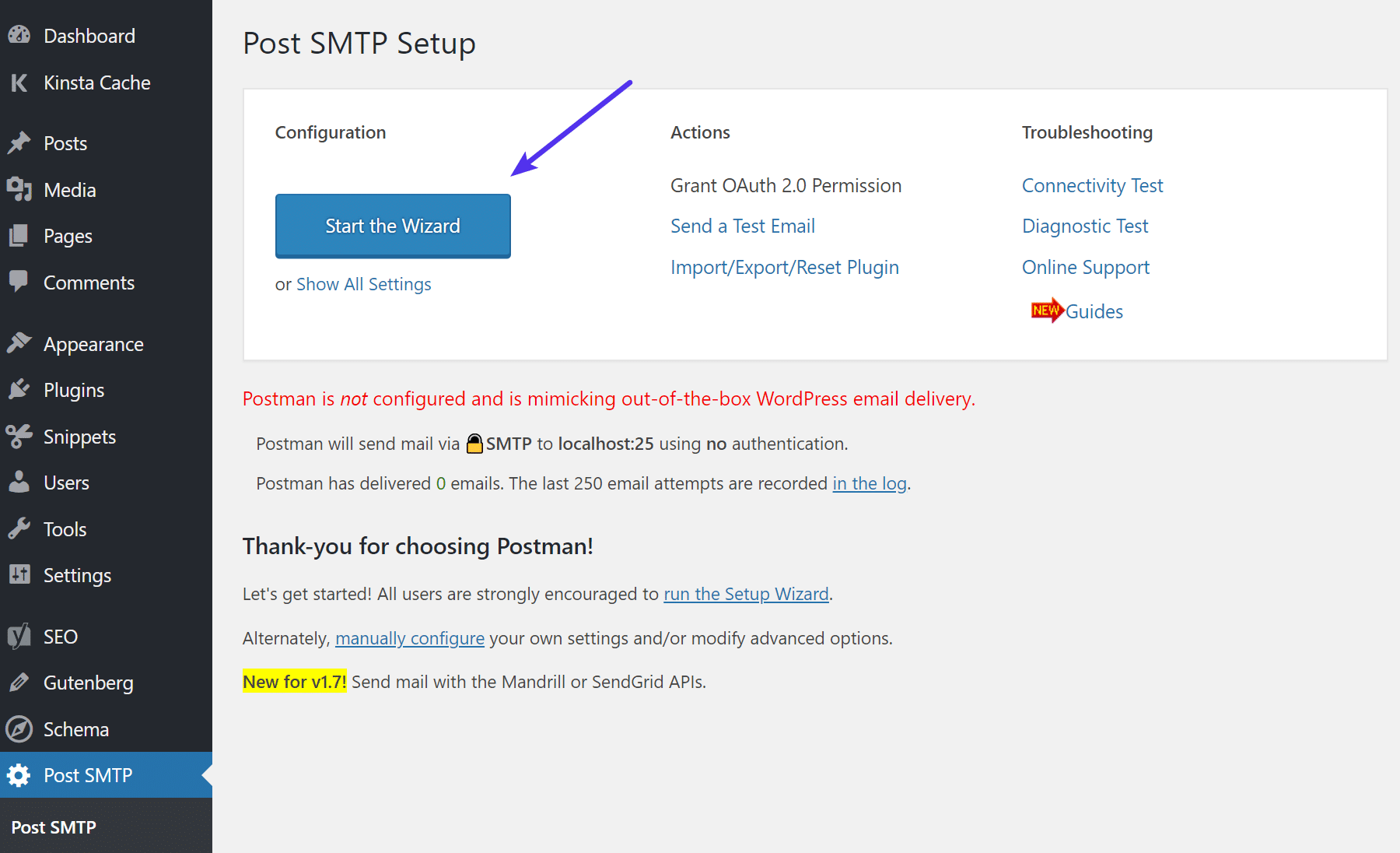 Début de l'assiatant de Post SMTP