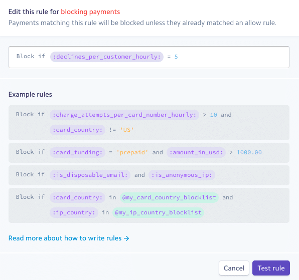 Règle de refus par heure de Stripe Radar