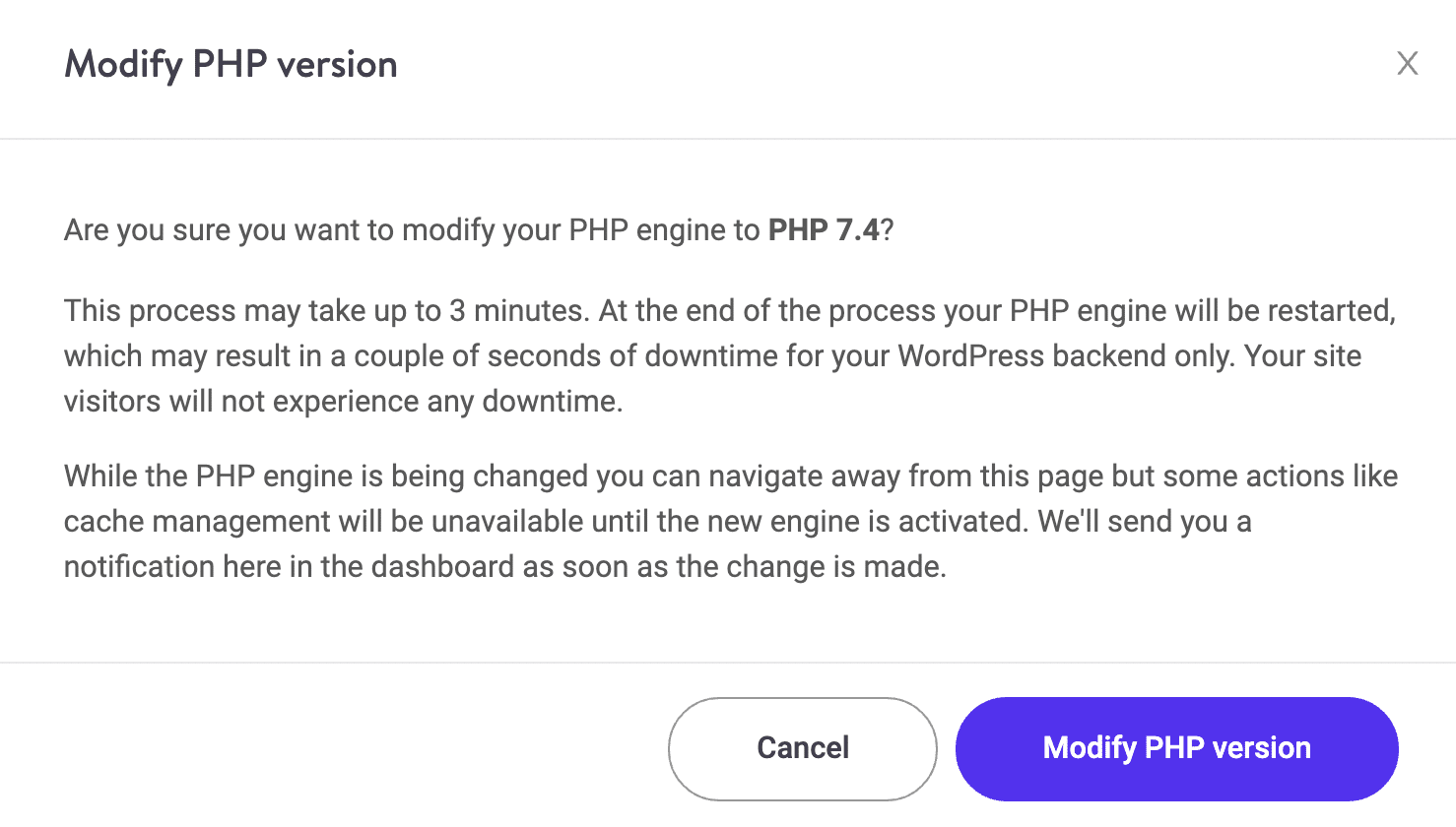 Confirmation de modification de la version de PHP