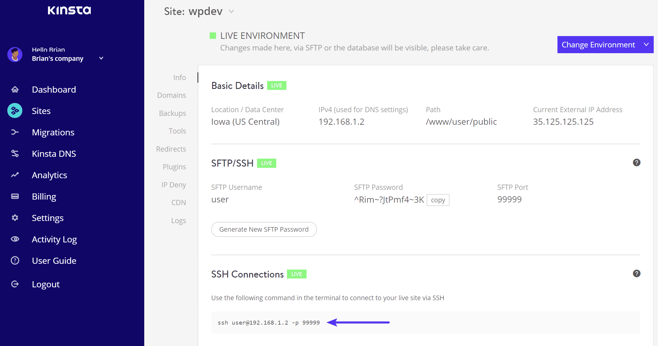 Se connecter à SSH - Informations de connexion MyKinsta