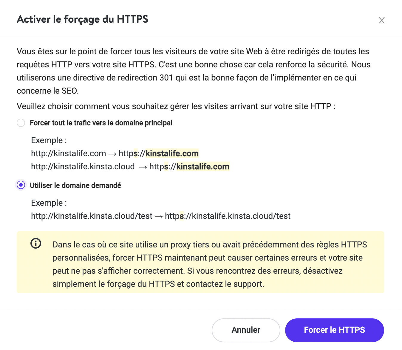 Options pour forcer le HTTPS