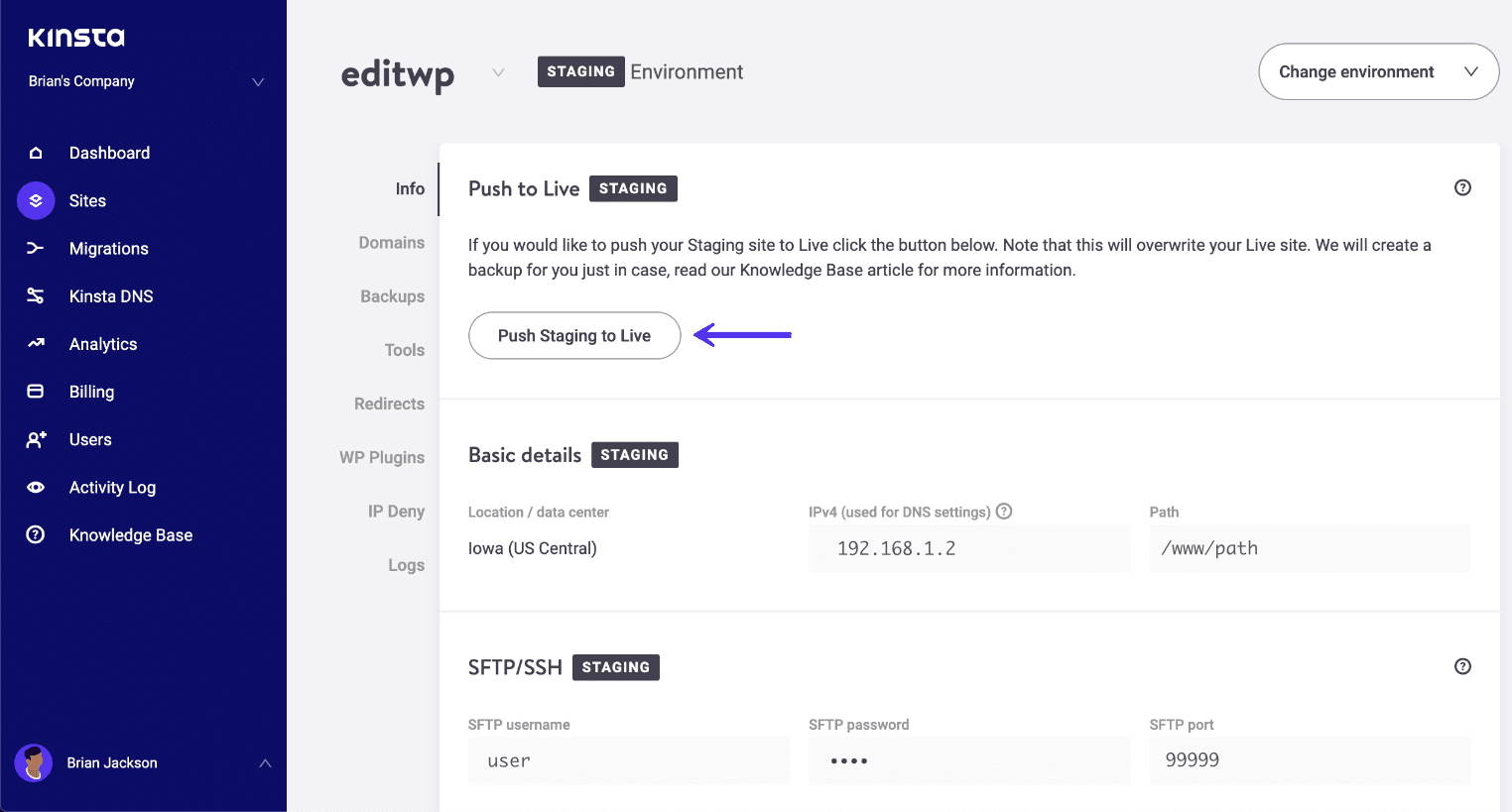 Poussez l'environnement de staging WordPress en production
