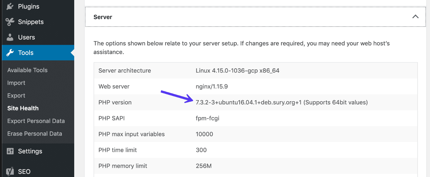 Version PHP dans l’outil Santé du Site de WordPress