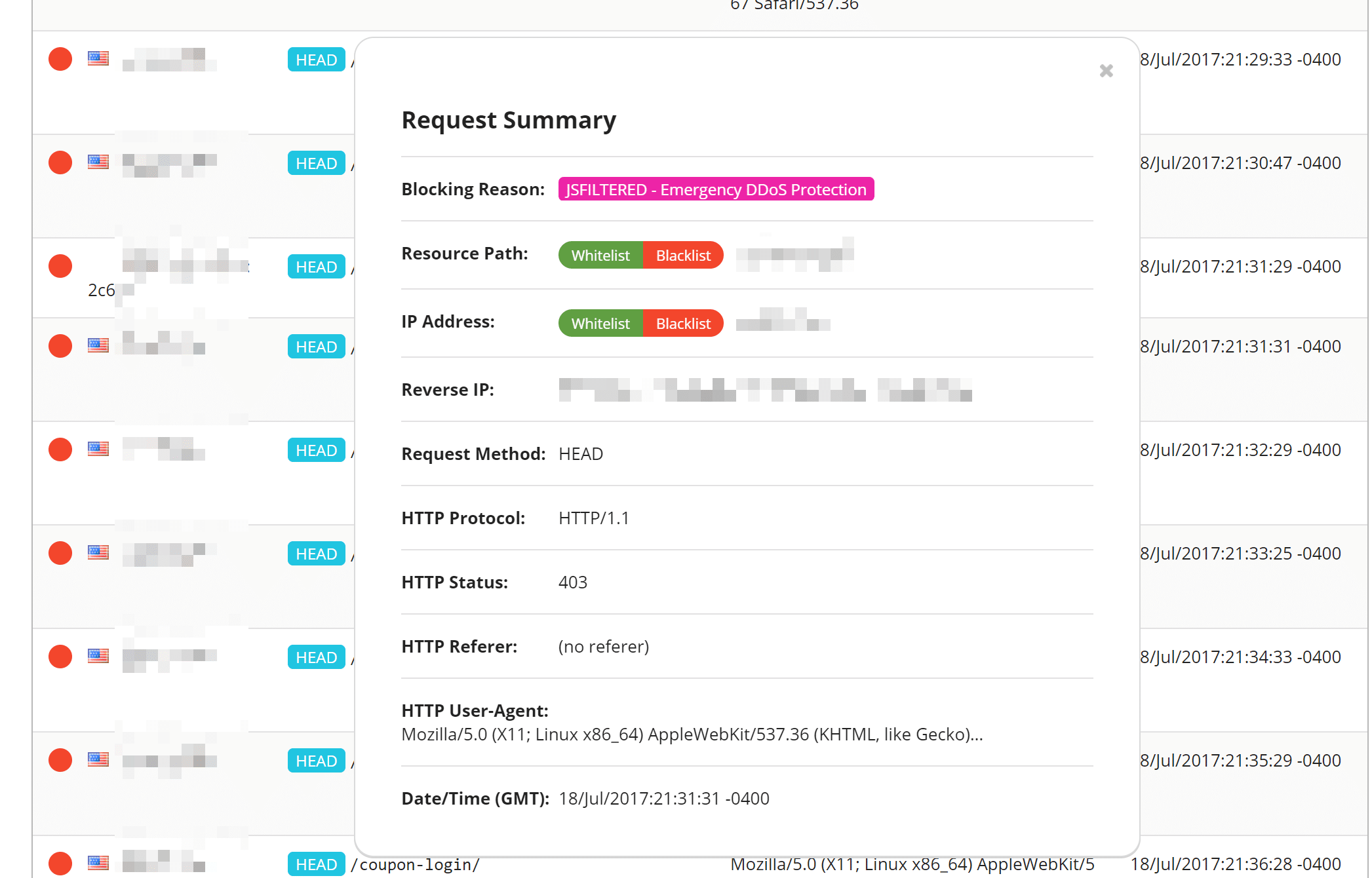 Vue en temps réel de la protection DDoS