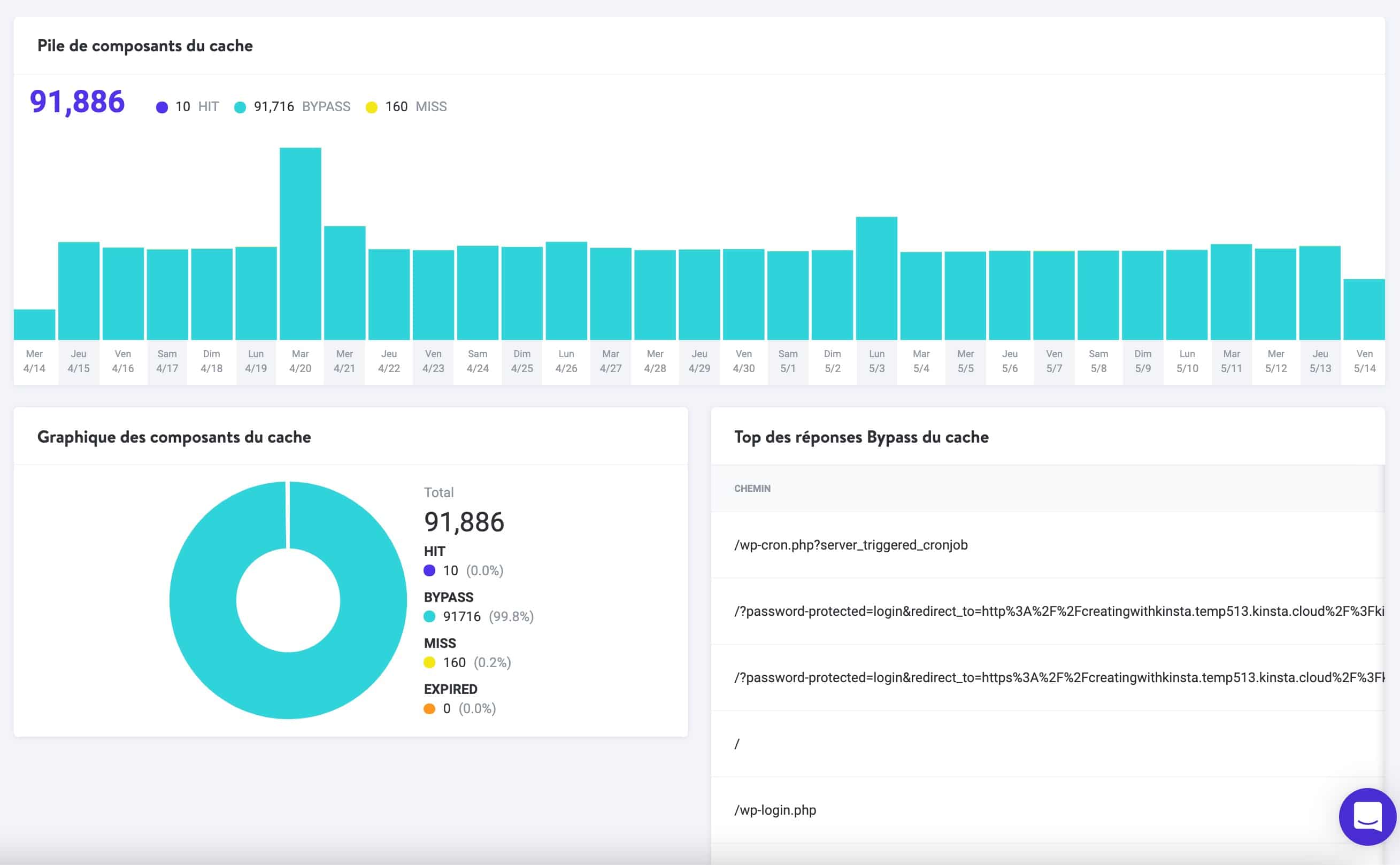 L'écran « Analyse du cache » dans MyKinsta