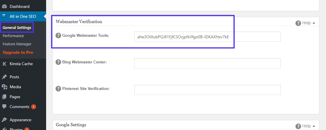 Vérification du site Google dans All in One SEO