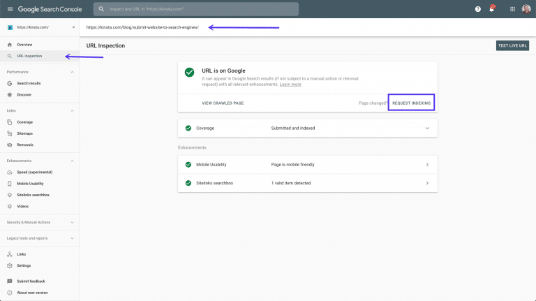 L'option d'inspection d’URL dans la console de recherche Google
