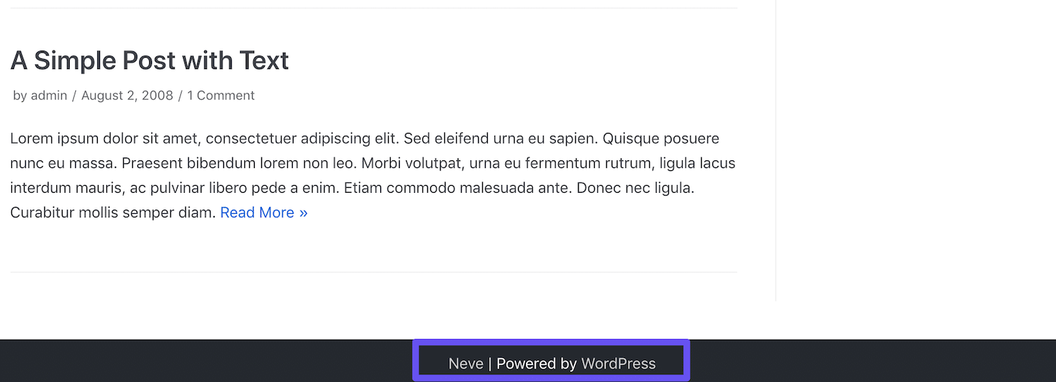 Un crédit de thème et le lien « Propulsé par WordPress » dans un pied de page