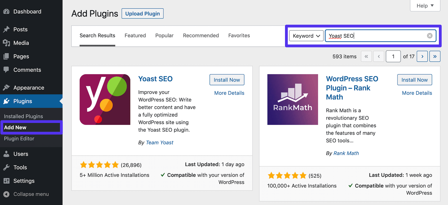 Rechercher Yoast SEO dans le tableau de bord WordPress