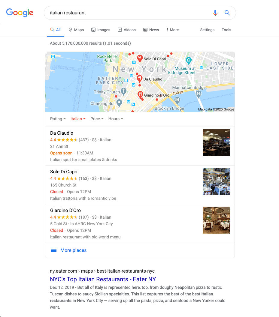 Exemple de résultats de recherche Google locaux pour « Italian restaurant ».
