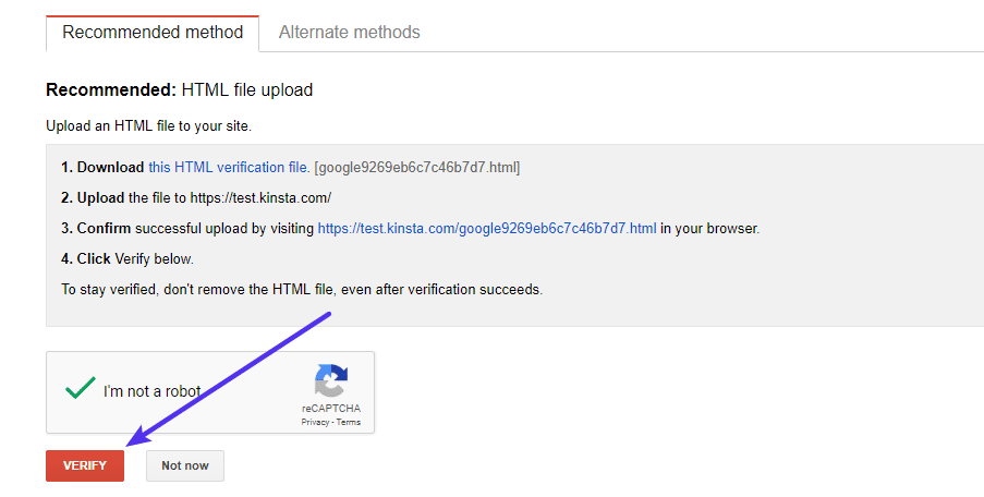 Terminer le processus de vérification dans Google Search Console